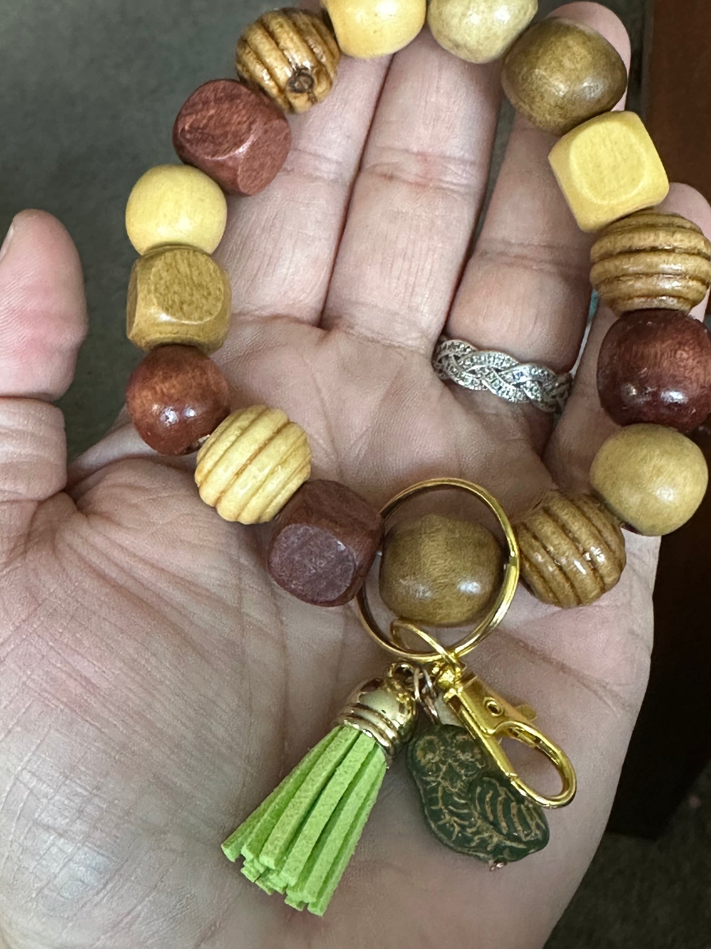 Ceramic Owl Wood Bead Wristlet Keychain