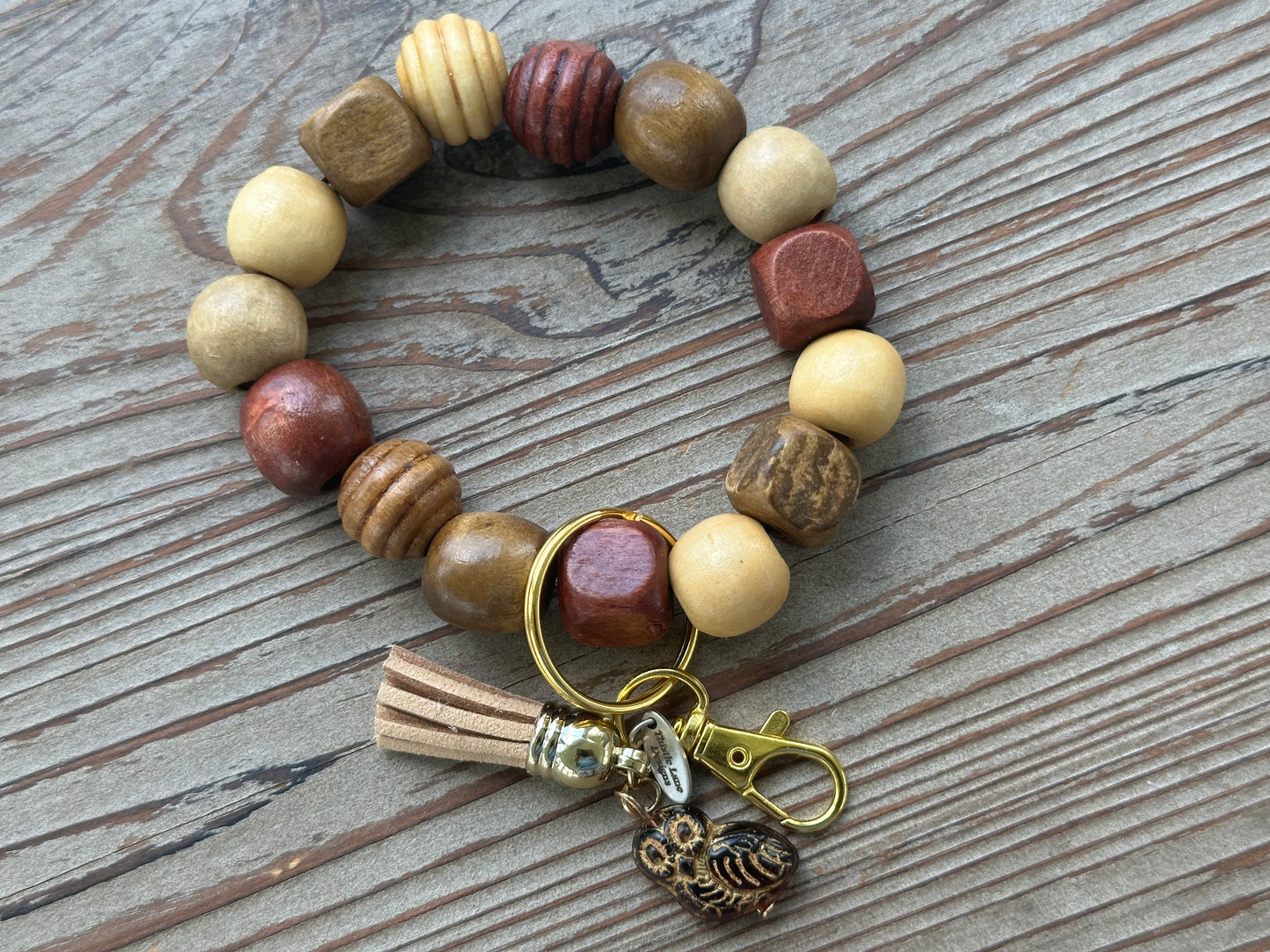 Ceramic Owl Wood Bead Wristlet Keychain