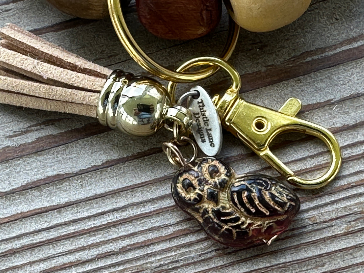 Ceramic Owl Wood Bead Wristlet Keychain