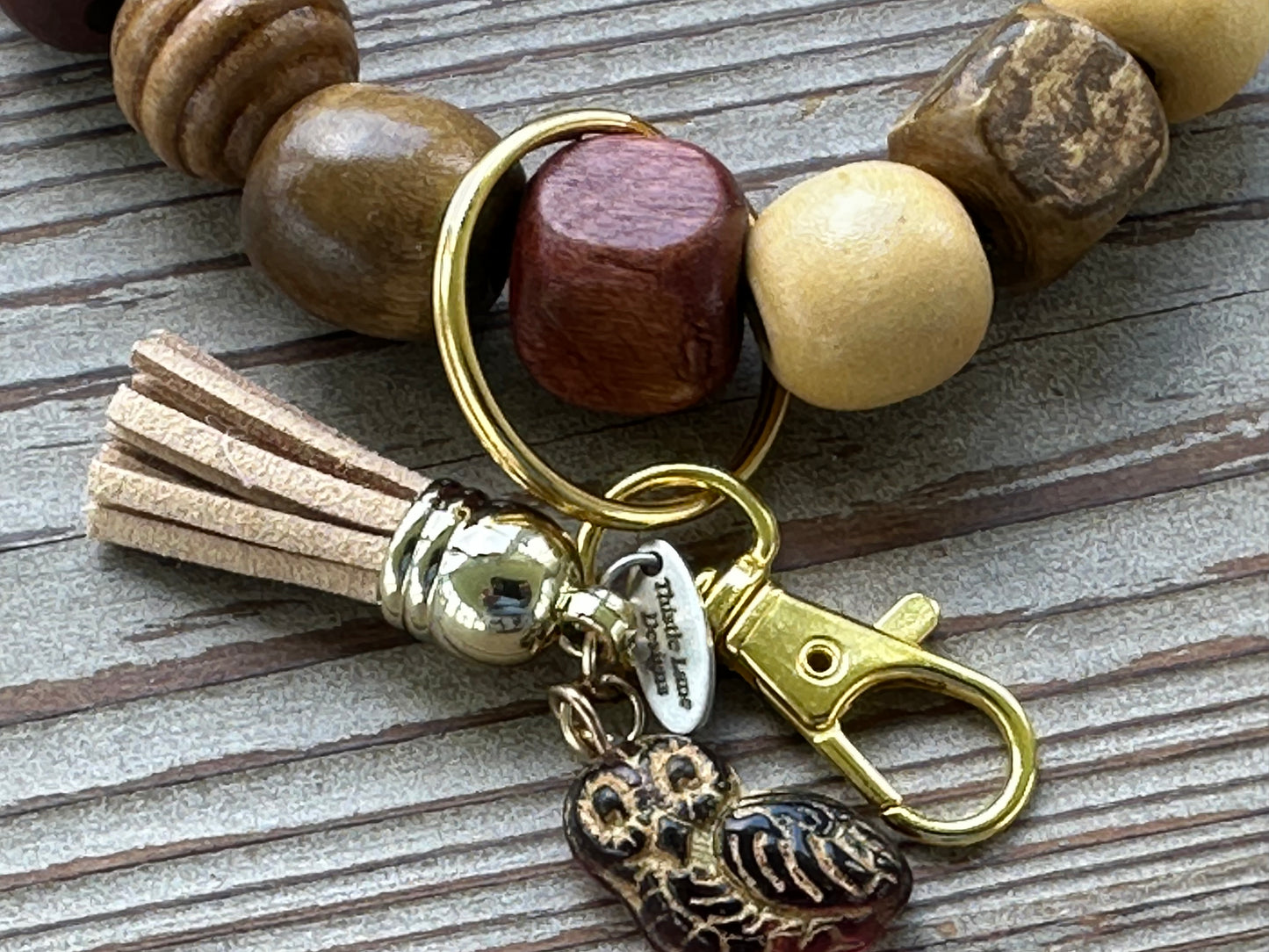 Ceramic Owl Wood Bead Wristlet Keychain