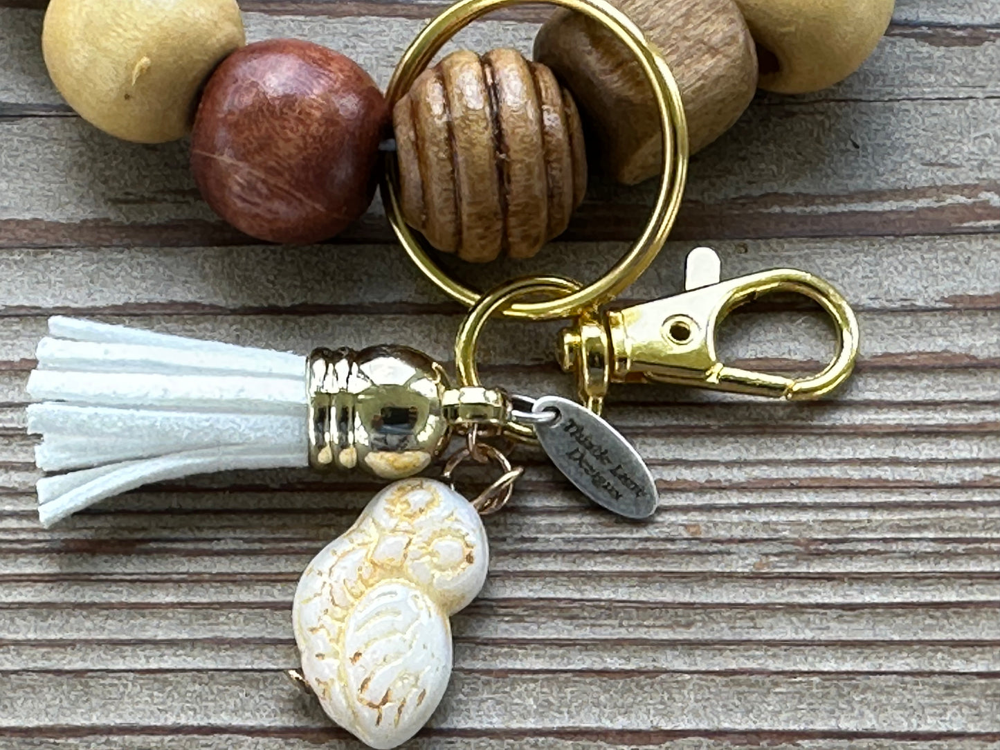 Ceramic Owl Wood Bead Wristlet Keychain