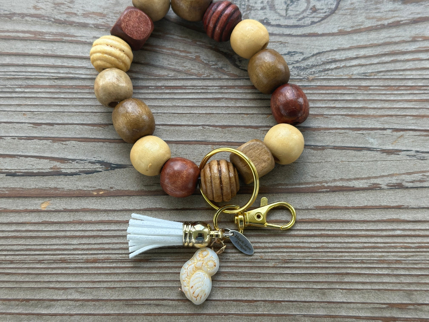 Ceramic Owl Wood Bead Wristlet Keychain