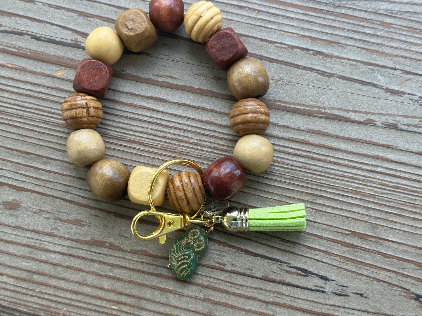 Ceramic Owl Wood Bead Wristlet Keychain