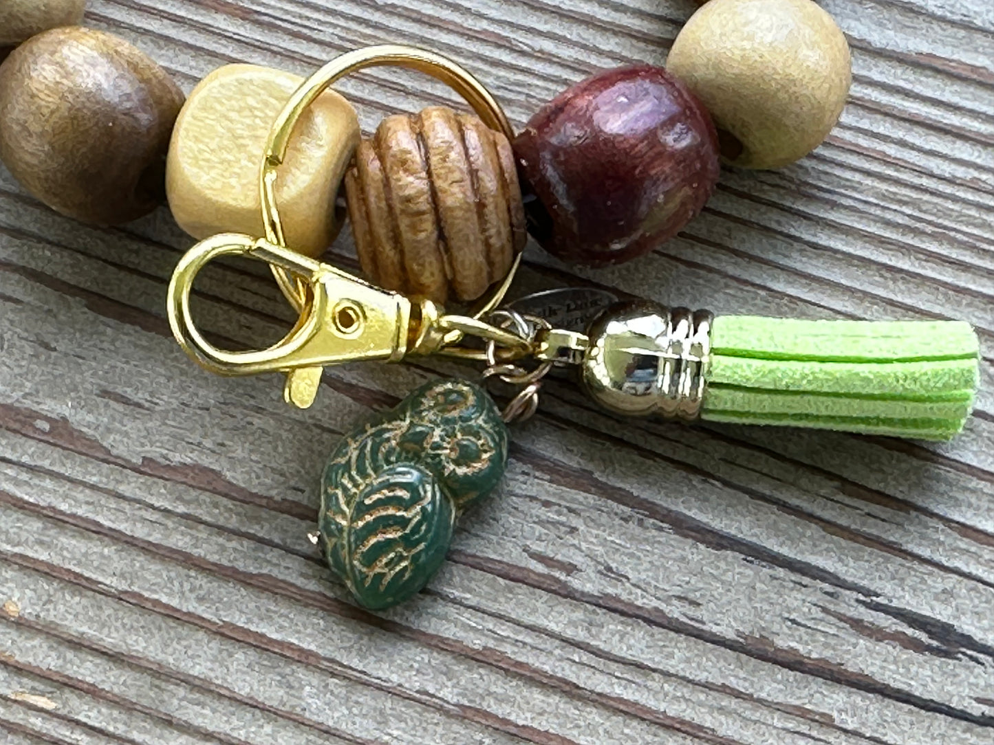 Ceramic Owl Wood Bead Wristlet Keychain