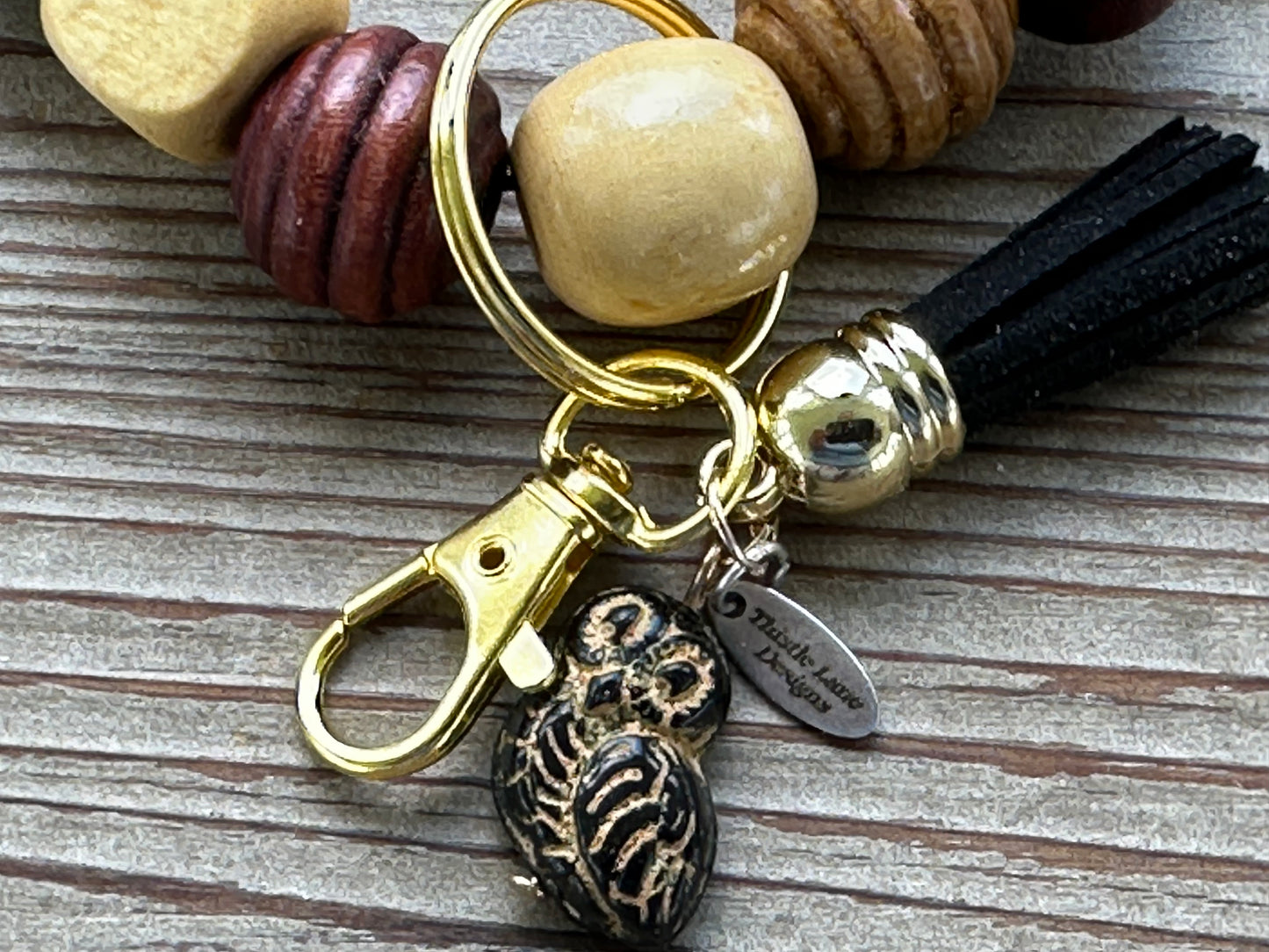 Ceramic Owl Wood Bead Wristlet Keychain