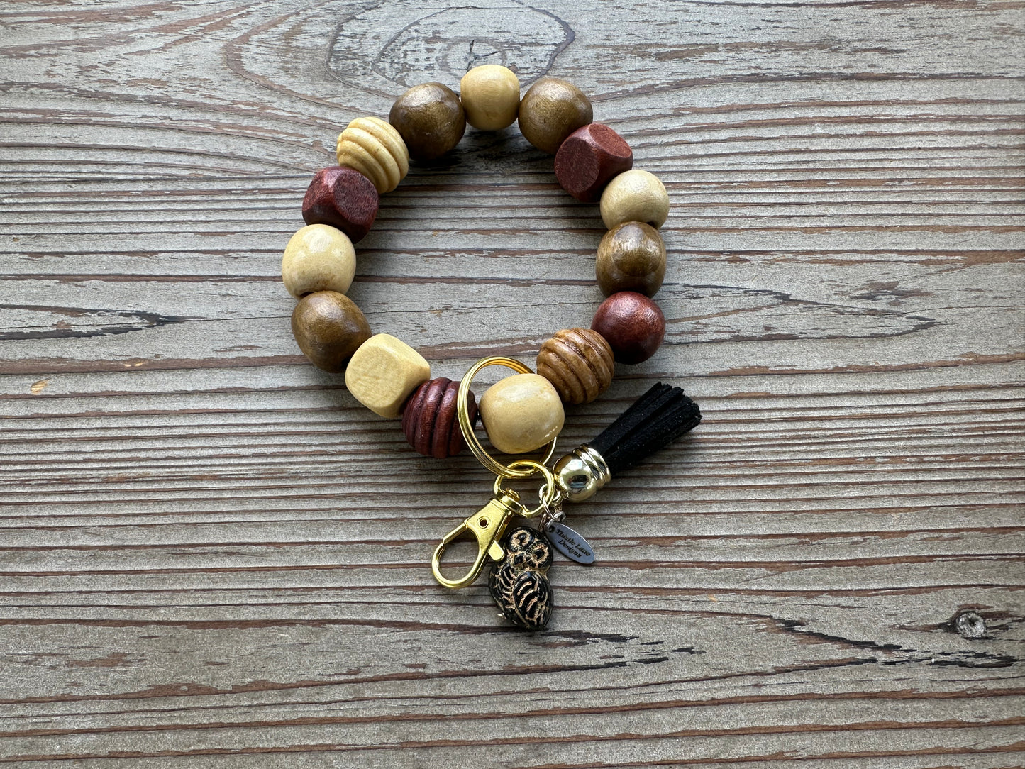 Ceramic Owl Wood Bead Wristlet Keychain