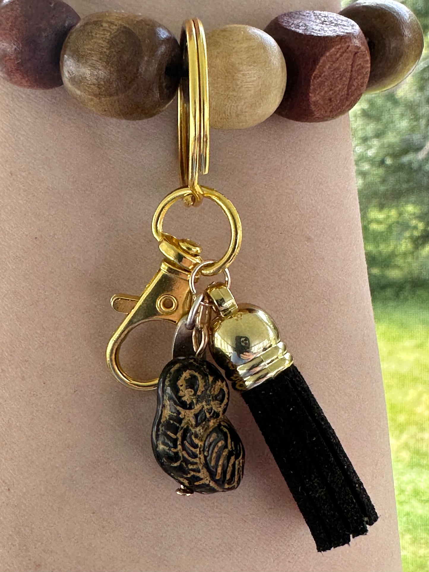 Ceramic Owl Wood Bead Wristlet Keychain