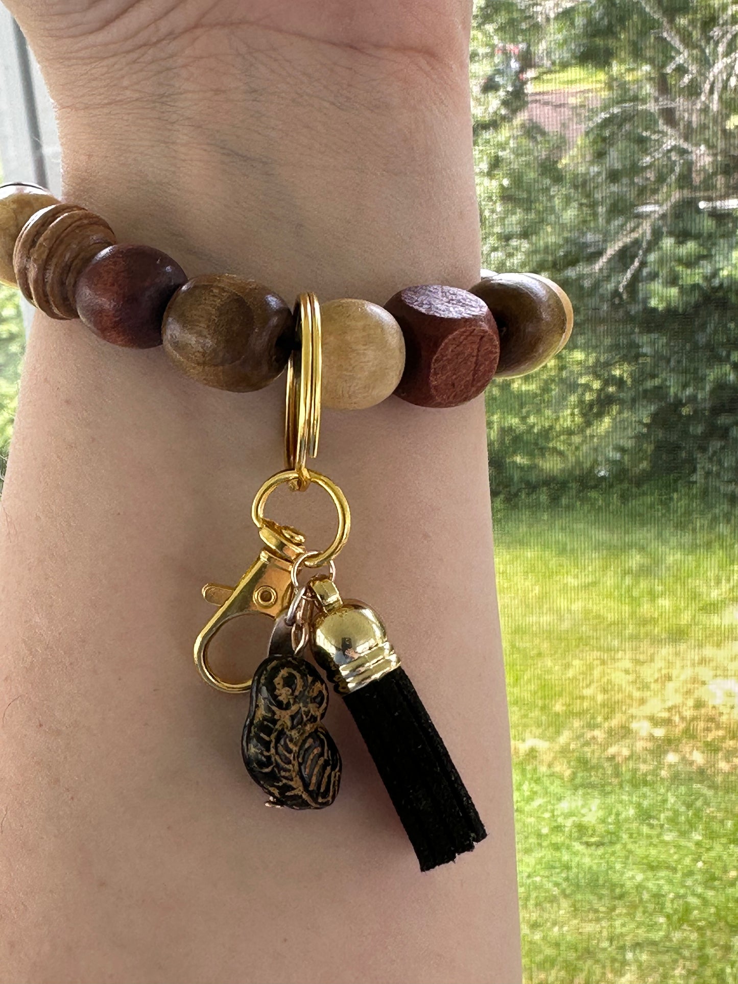 Ceramic Owl Wood Bead Wristlet Keychain