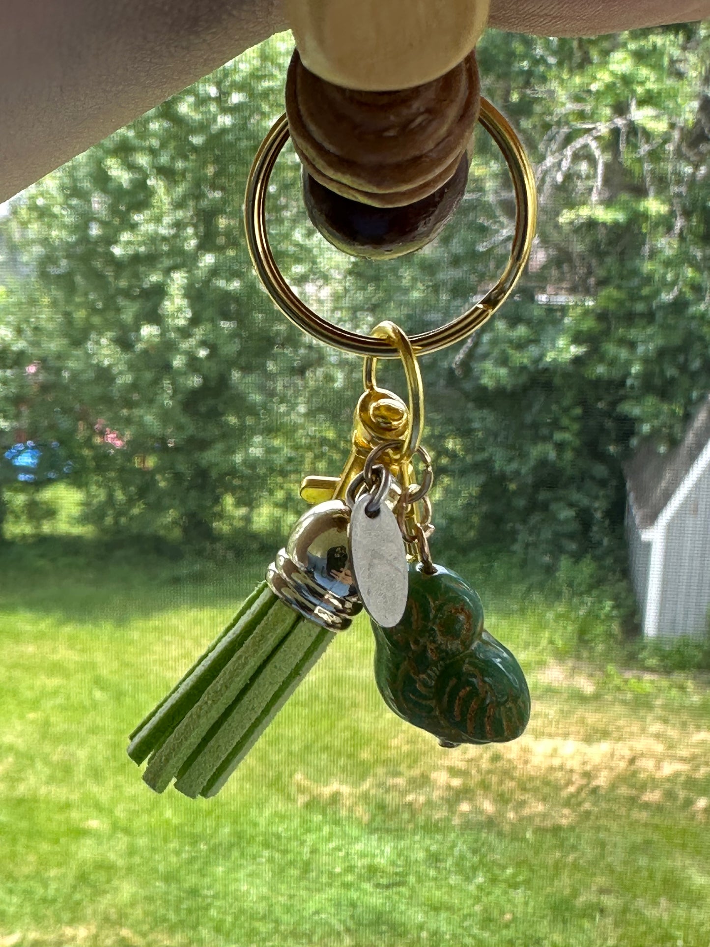 Ceramic Owl Wood Bead Wristlet Keychain