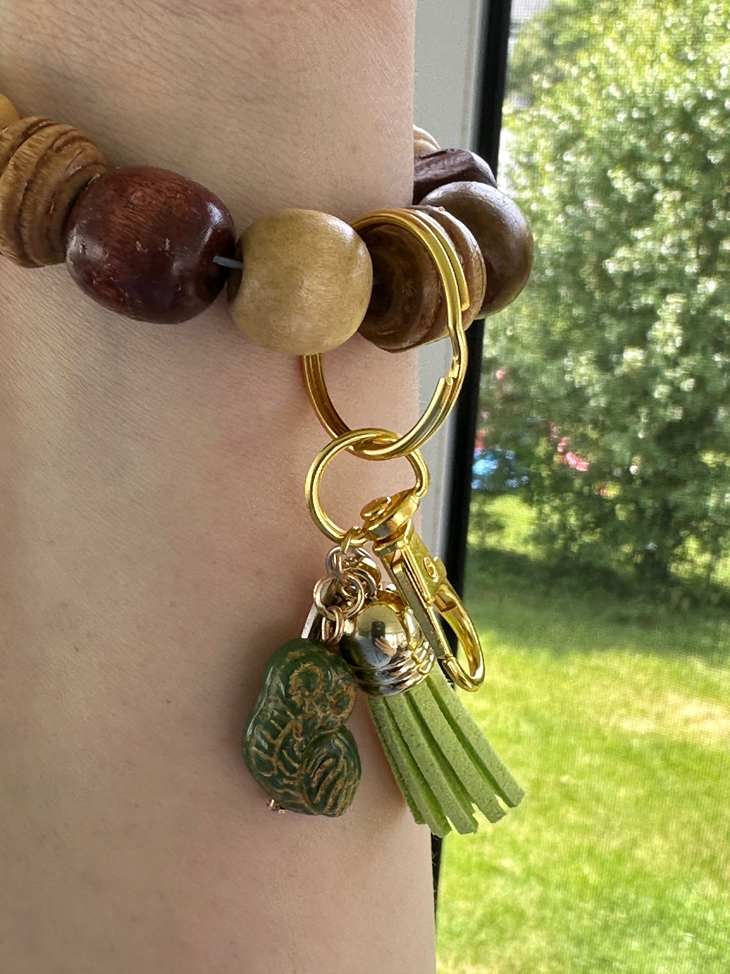 Ceramic Owl Wood Bead Wristlet Keychain