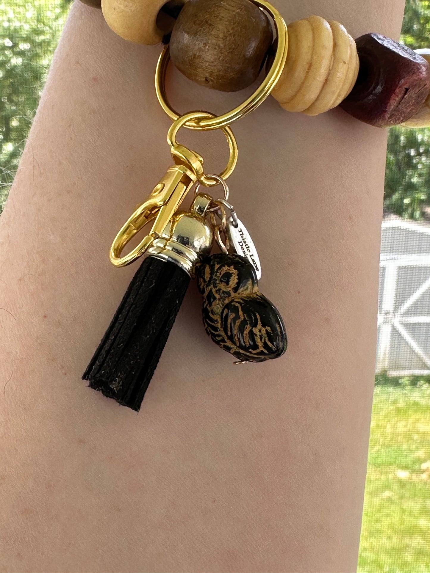 Ceramic Owl Wood Bead Wristlet Keychain