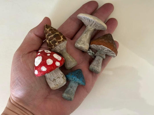Hand carved mushroom magnet set